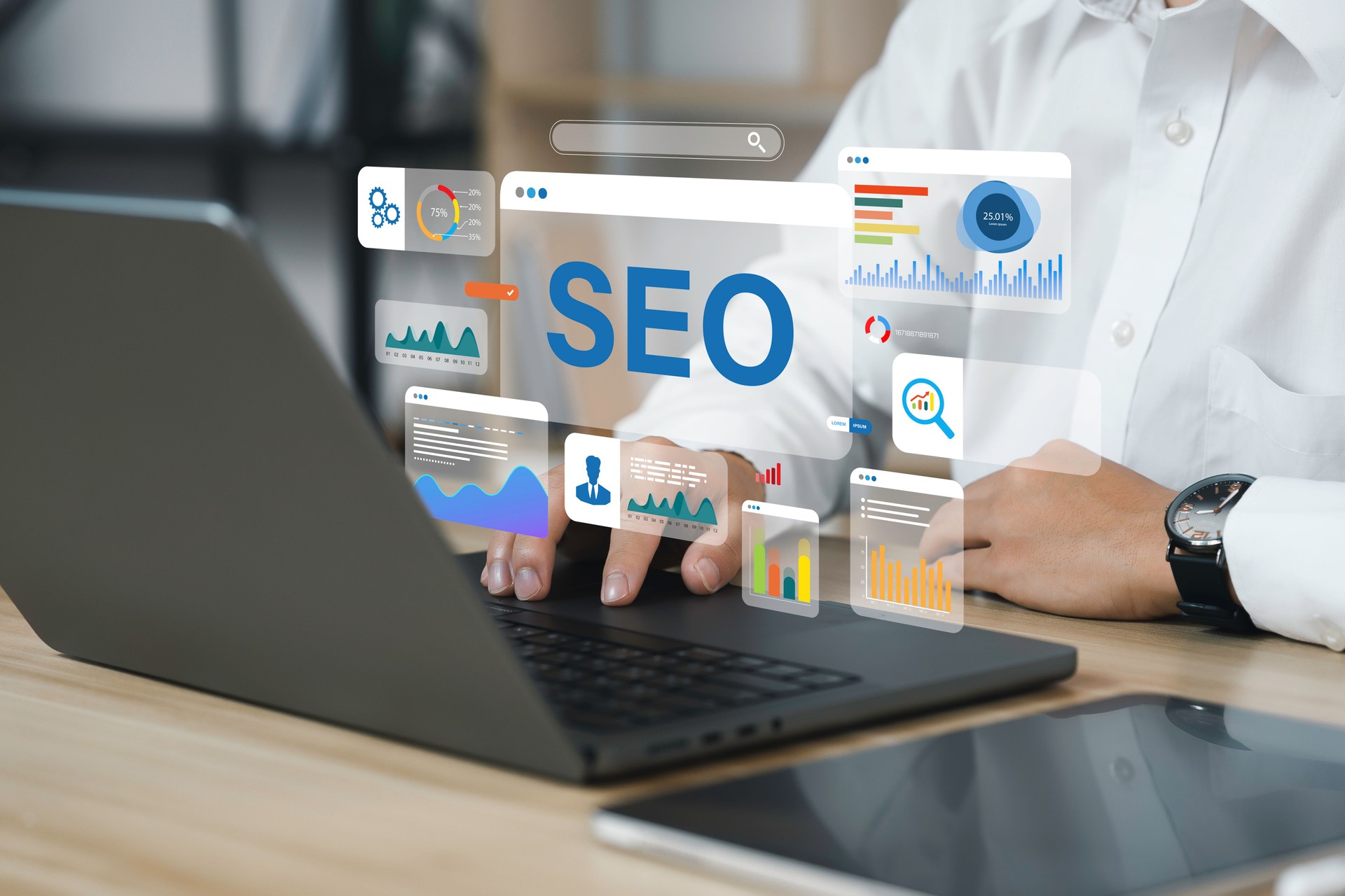 Businessman using a computer for analysis SEO Search Engine Optimization Marketing Ranking Traffic Website Internet Business Technology Concept.